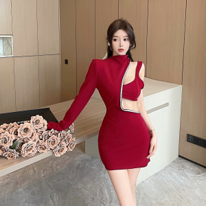 Off waist Spicy Girl Diagonal Shoulder Hot Diamond Hollow Out Sexy Dress