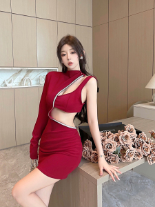 Off waist Spicy Girl Diagonal Shoulder Hot Diamond Hollow Out Sexy Dress