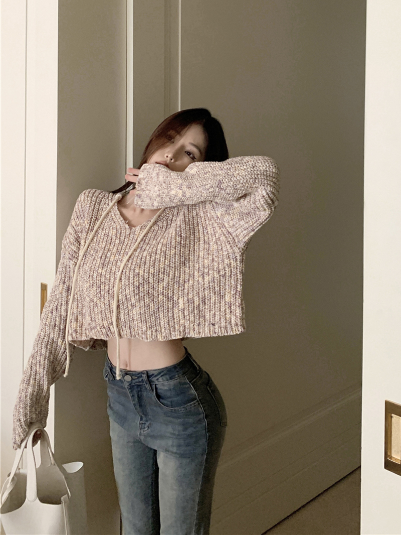 Real shot of lazy style autumn and winter new style pullover short style high-end niche design knitted jacket for women