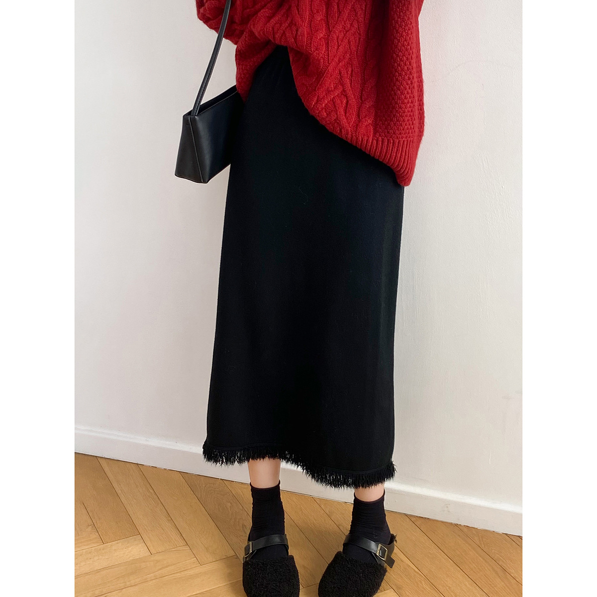 Real shot ~ Designed tassel knitted skirt for women  autumn high-waisted versatile a-line mid-length skirt