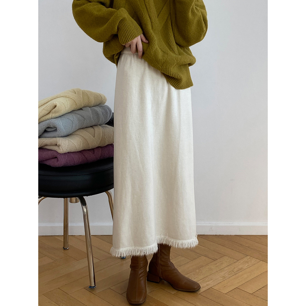 Real shot ~ Designed tassel knitted skirt for women  autumn high-waisted versatile a-line mid-length skirt