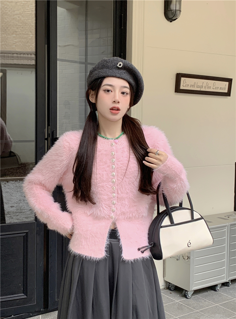 Actual shot~Korean version of soft, waxy and gentle mink wool cardigan sweater for women in autumn and winter, high-end and versatile knitted top