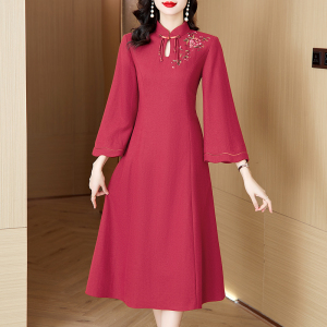 RM24426#新款中国风原创羊毛呢刺绣复古改良中式旗袍连衣裙