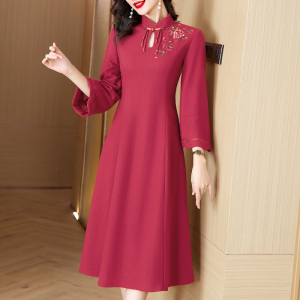 RM24426#新款中国风原创羊毛呢刺绣复古改良中式旗袍连衣裙