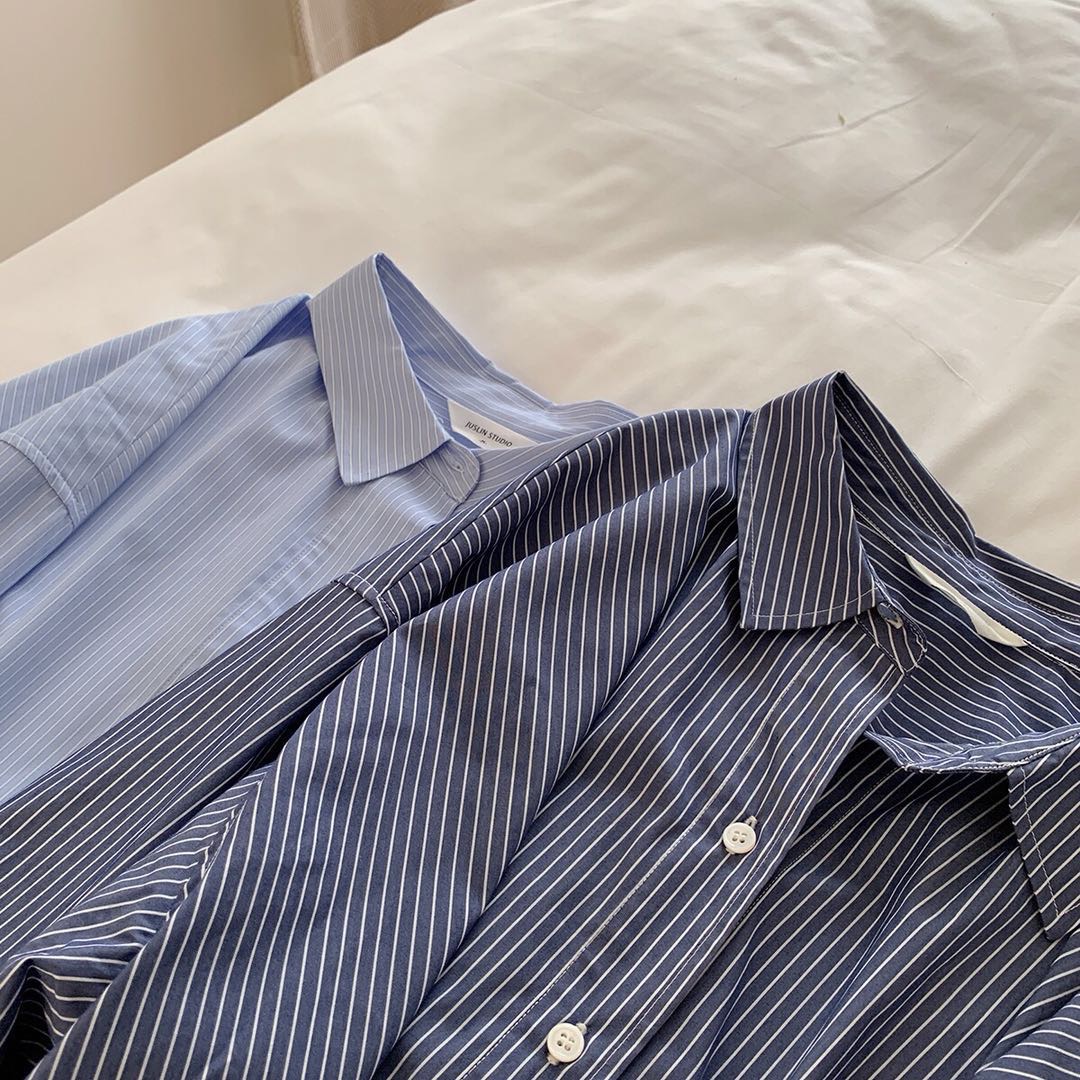 JUSLIN随性时髦 前片斜开衩设计 定制色织条纹长袖衬衫