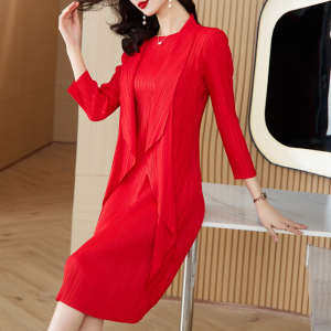 RM24400#三宅法式新款秋季褶皱纯色假2件连衣裙气质设计感女士长袖连衣裙
