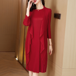RM24400#三宅法式新款秋季褶皱纯色假2件连衣裙气质设计感女士长袖连衣裙