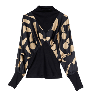RM24420#新款长袖宽松小衫女洋气百搭设计感拼接撞色蝙蝠袖打底衫