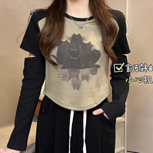 RM24410#新款设计感显瘦时尚休闲创意长袖割破袖T恤