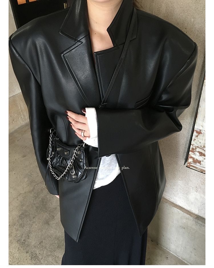 S～XL protein leather shoulder pad suit jacket for women 2023 spring and autumn new style high-end trendy cool leather suit