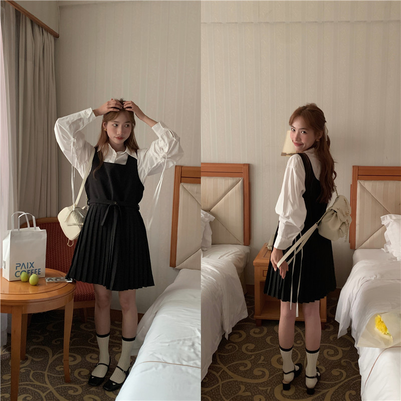 实拍 韩版法式长袖衬衫+系带收腰百褶背心裙套装