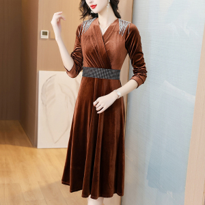 RM24576#新款丝绒晚礼服连衣裙高端镶钻长袖连衣裙气质显瘦女装长裙子
