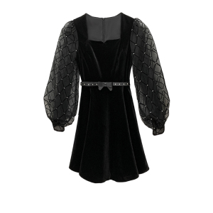RM24528#新法式格纹网纱袖方领丝绒连衣裙