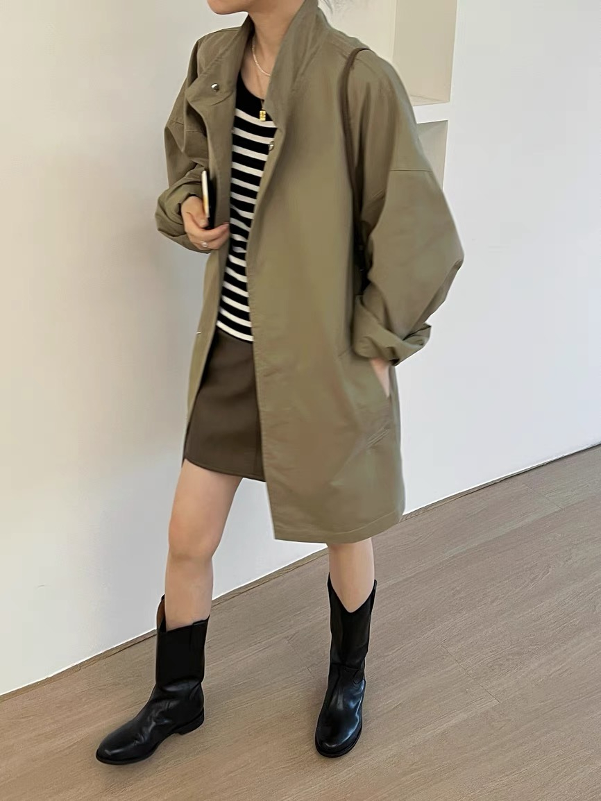 韩国chic秋季复古气质假口袋设计抽绳收腰显瘦工装夹克风衣外套女