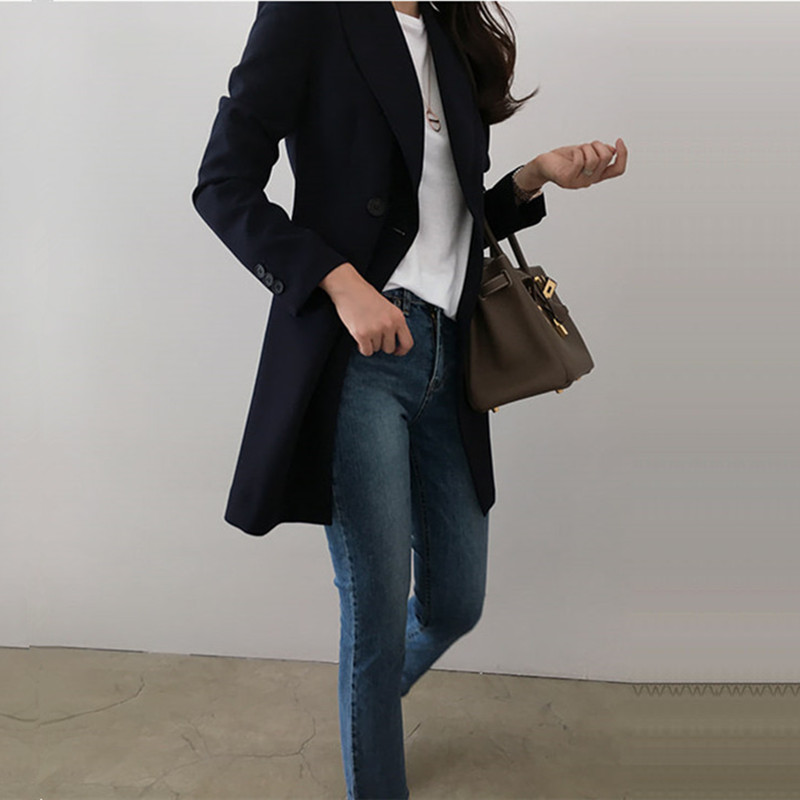 Double-row one-button simple casual suit tops for women  Spring New Korean Style Slim Waist Mid-Length Suit Jacket