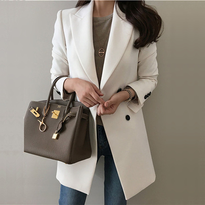 Double-row one-button simple casual suit tops for women  Spring New Korean Style Slim Waist Mid-Length Suit Jacket