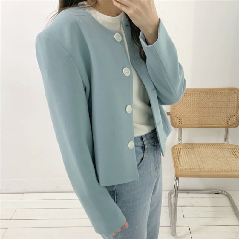 Korean style small round neck solid color short jacket for women  autumn new simple single-breasted casual jacket top