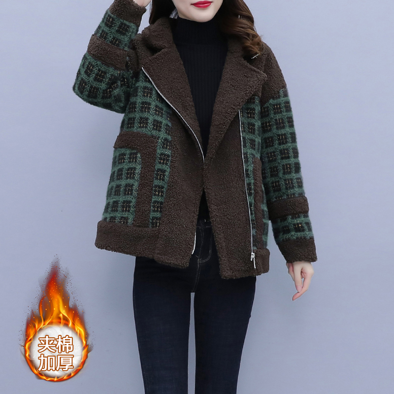 实拍时尚韩版冬装格子夹棉外套冬大码遮肉保暖洋气百搭夹克服