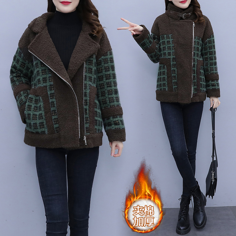 实拍时尚韩版冬装格子夹棉外套冬大码遮肉保暖洋气百搭夹克服