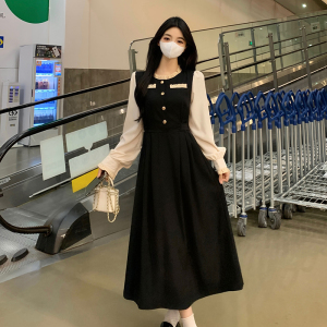 RM24823#大码法式复古甜美假两件小黑裙精致花边小香风拼接连衣裙
