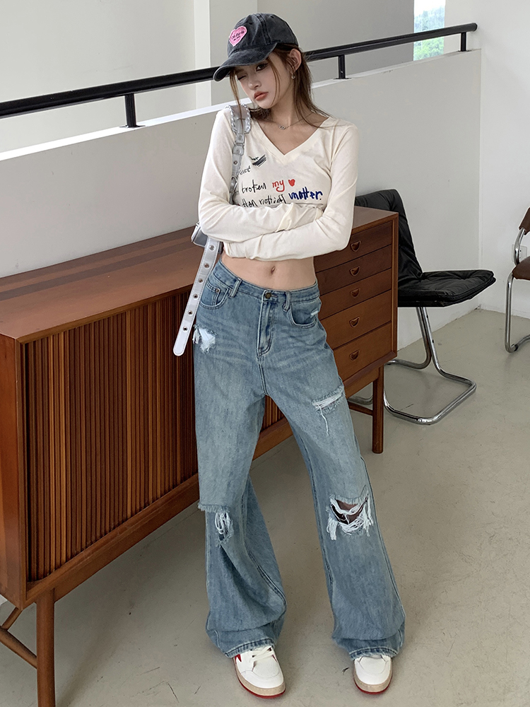 Actual shot of 2024 spring and summer new high-waisted ripped wide-leg jeans for women, non-iron, yuppie hottie floor-length mopping pants, trendy