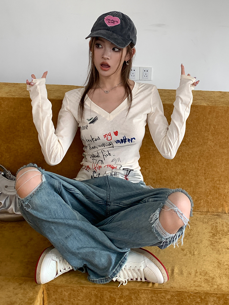 Actual shot of 2024 spring and summer new high-waisted ripped wide-leg jeans for women, non-iron, yuppie hottie floor-length mopping pants, trendy