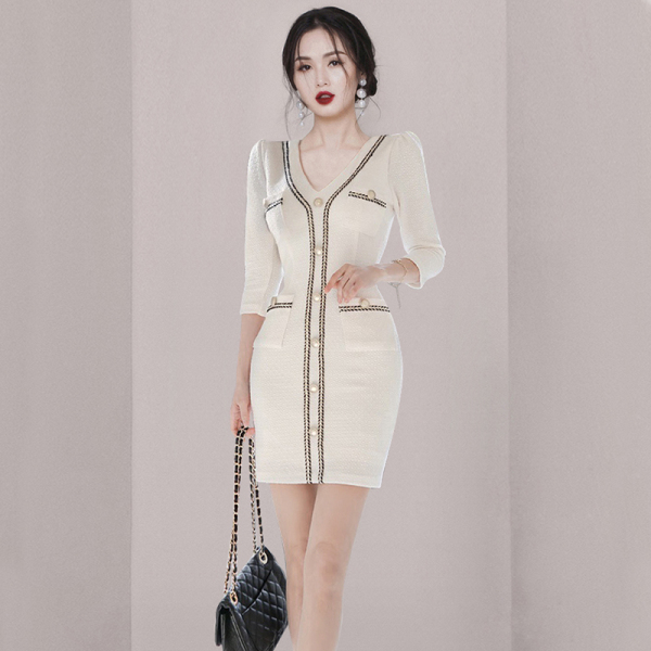 RM24456#新款韩版时尚优雅显瘦性感包臀七分袖V领简约休闲连衣裙