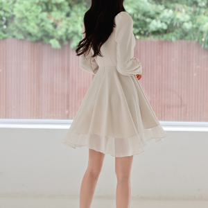 RM24455#新款韩版简约时尚气质甜美X型长袖V领雪纺纯色连衣裙