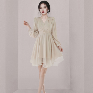 RM24455#新款韩版简约时尚气质甜美X型长袖V领雪纺纯色连衣裙