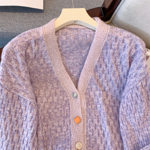 RM25582#新款香芋紫复古单排扣宽松V领毛衣外套女针织开衫