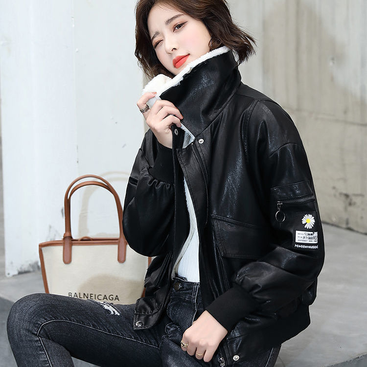 Thick velvet leather jacket, fashionable Korean style PU leather jacket, small age-reducing and versatile plus size women's leather cotton jacket
