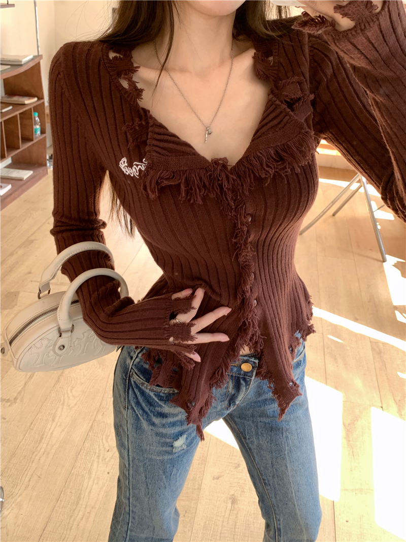 Real shot~hot girl Maillard coffee color tassel cardigan sweater knitted bottoming shirt