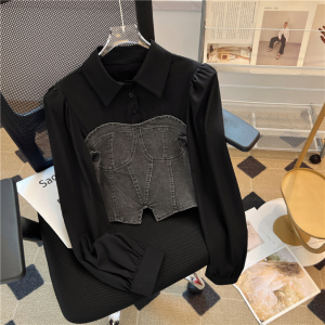 RM24450#韩版秋季新款小众POLO领泡泡袖拼接牛仔抹胸假两件长袖衬衫