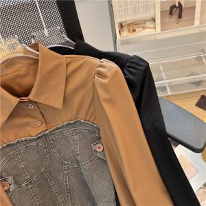 RM24450#韩版秋季新款小众POLO领泡泡袖拼接牛仔抹胸假两件长袖衬衫