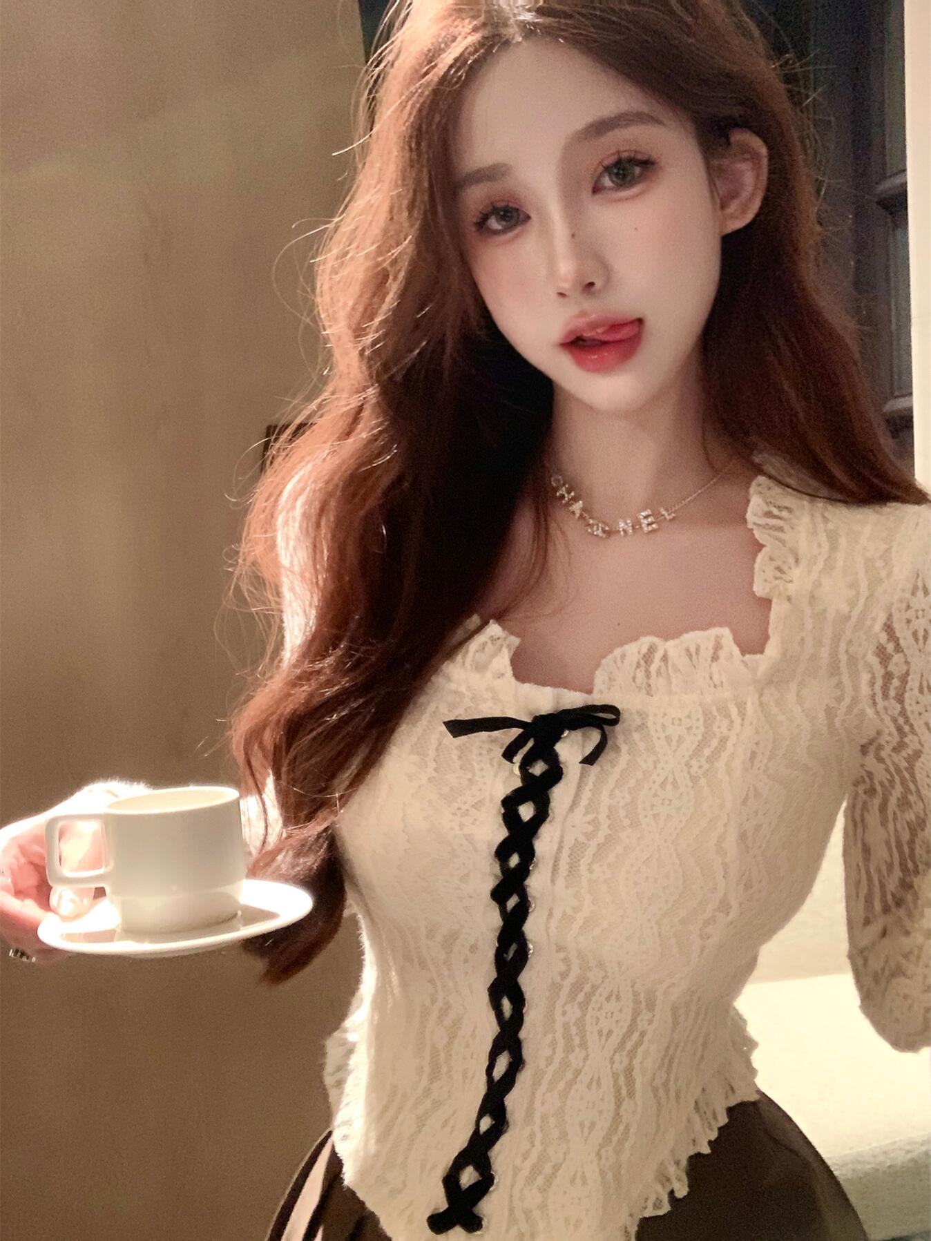 Actual shot of Thick Breast Latte Autumn and Winter Suede Lace Gathered Slim Fit Strappy Long Sleeve Top