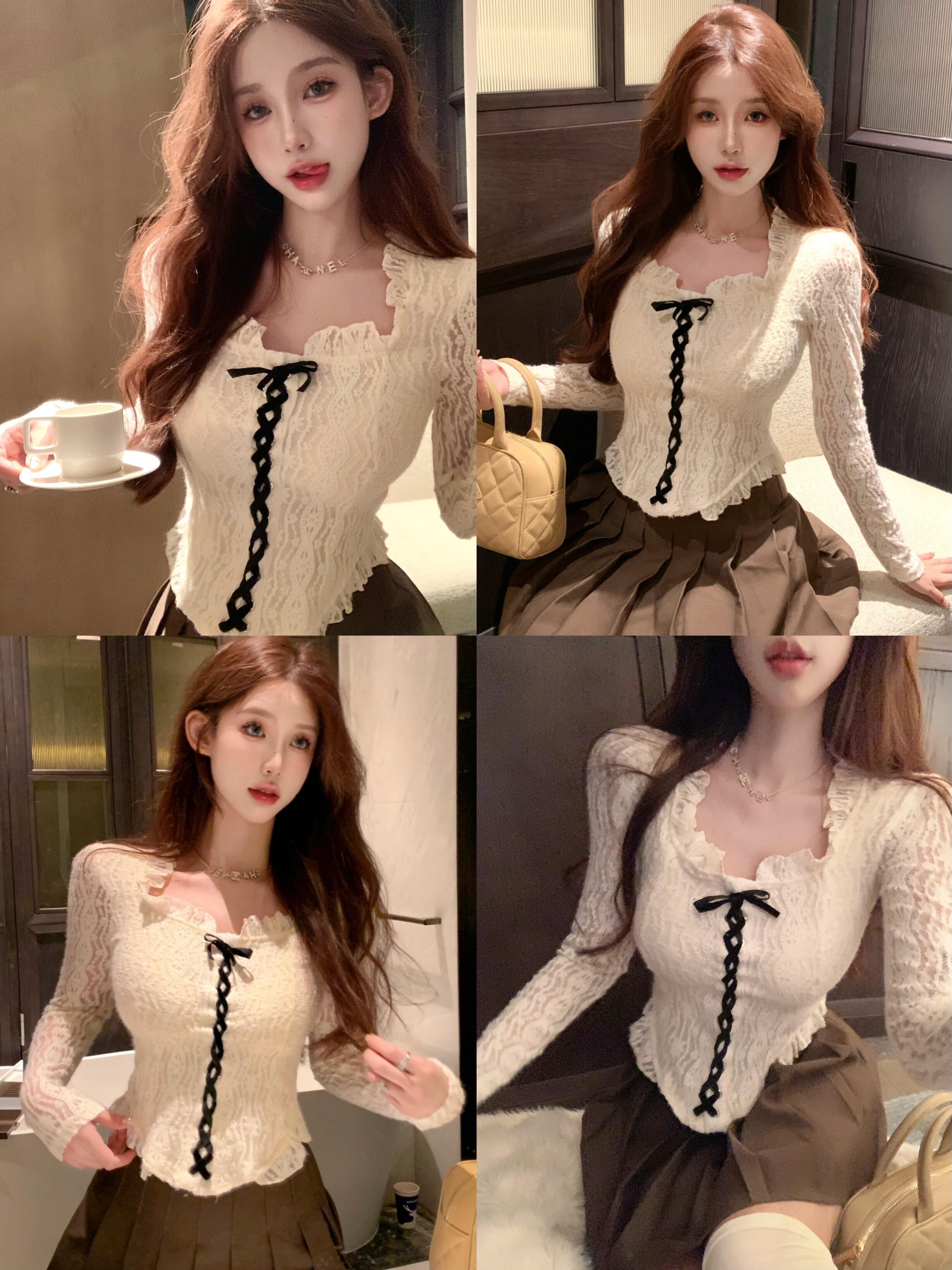 Actual shot of Thick Breast Latte Autumn and Winter Suede Lace Gathered Slim Fit Strappy Long Sleeve Top
