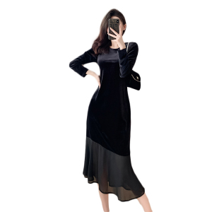 RM24606#高端精致气质名媛女神范拼接黑色宴会复古丝绒连衣裙子秋装