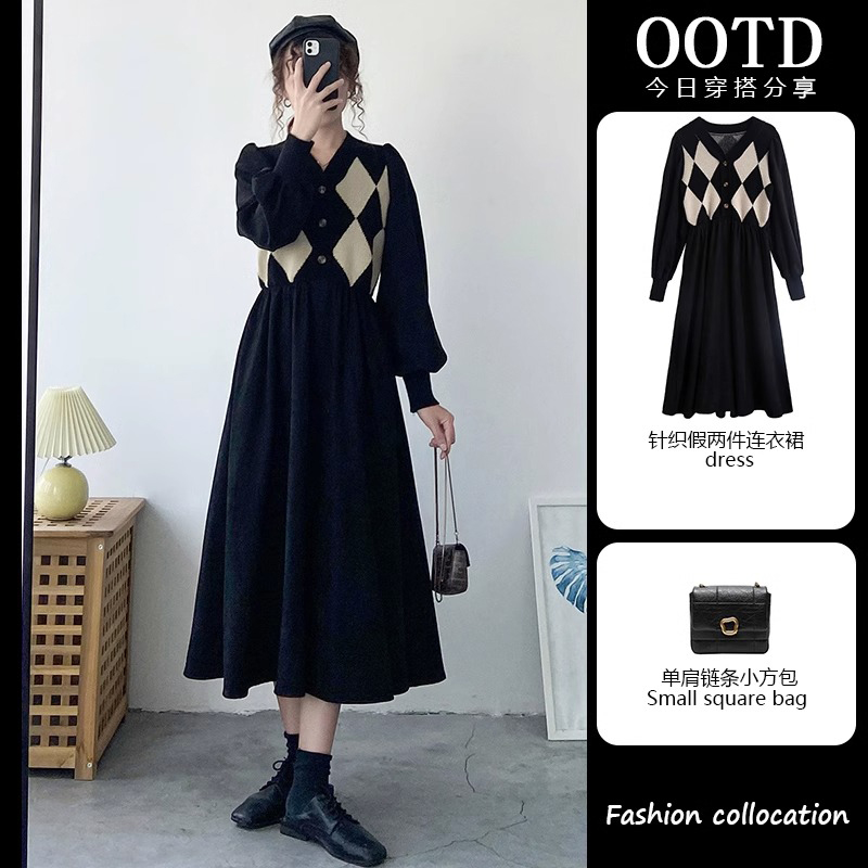 赫本风法式黑色长袖针织连衣裙子女秋冬季新款小个子显瘦长裙