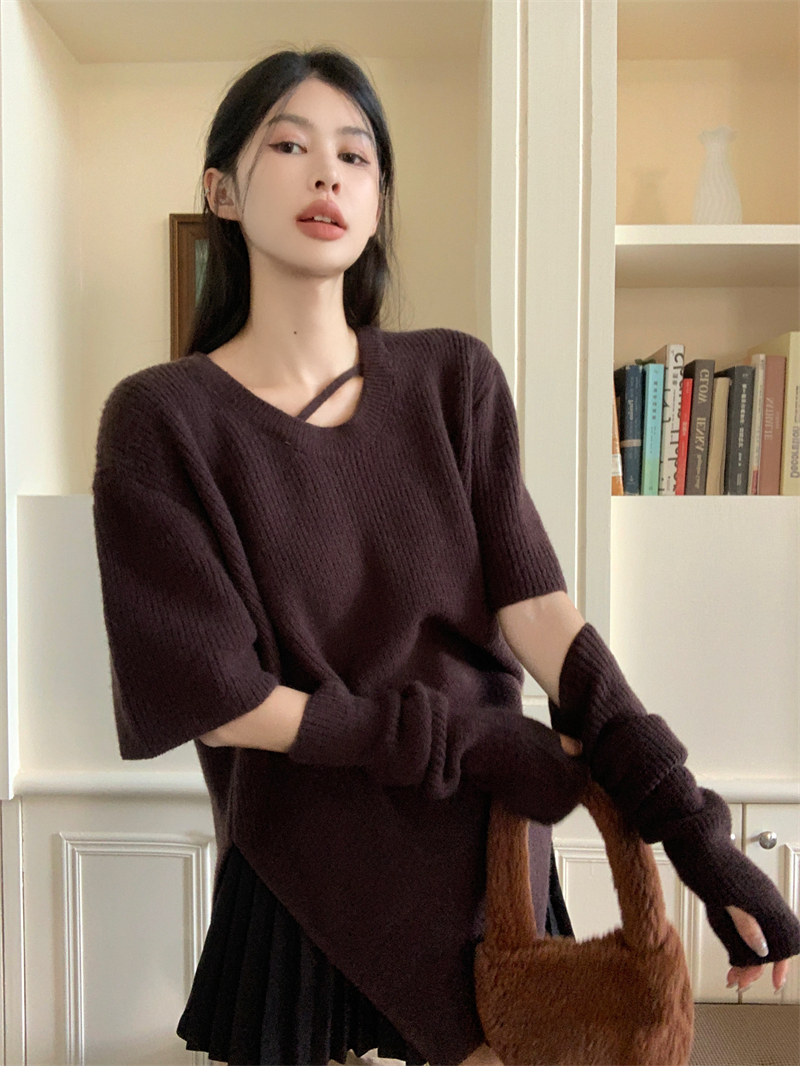 实拍 韩版设计感截断袖V领秋冬新款纯色套头针织衫上衣