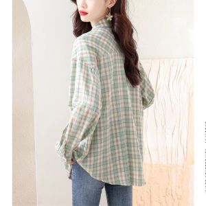 RM24477#长袖格子衬衫女秋季2023年新款韩版开衫衬衣宽松休闲上衣女装薄款