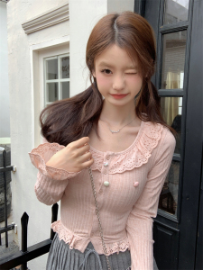 RM24509#韩式秋天 修身百搭长袖上衣荷叶边针织短款T
