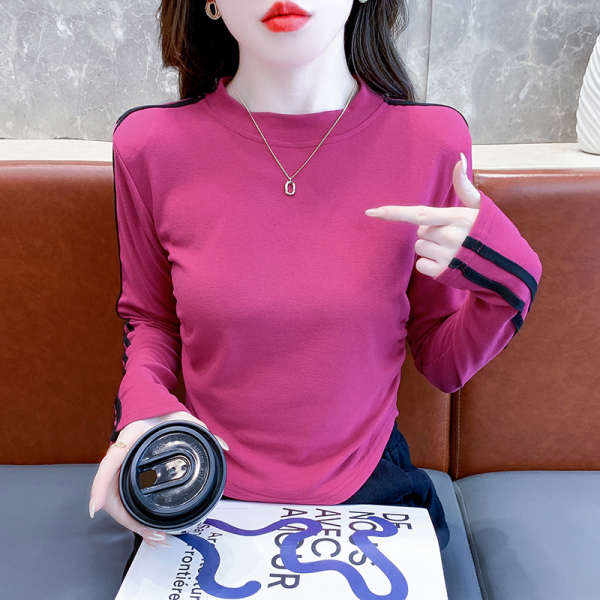 RM24757#新款韩版时尚抽褶修身纯色圆领T恤气质条纹拼色上衣