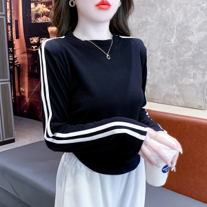 RM24757#新款韩版时尚抽褶修身纯色圆领T恤气质条纹拼色上衣