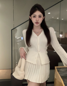 RM24998#韩系气质针织衫收腰百褶短裙针织两件套