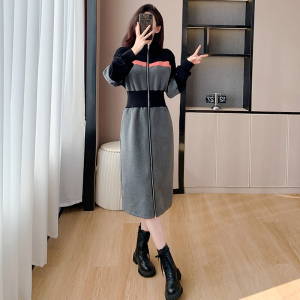 TR56394# 高级感拉链立领长袖连衣裙秋冬新款气质收腰显瘦撞色拼接长裙 服装批发女装批发服饰货源