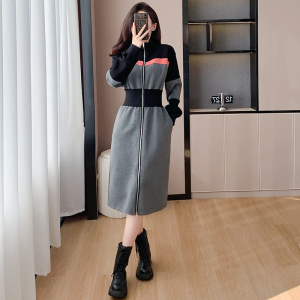 TR56394# 高级感拉链立领长袖连衣裙秋冬新款气质收腰显瘦撞色拼接长裙 服装批发女装批发服饰货源