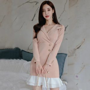 RM24560#新款韩版时尚气质优雅显瘦拼接荷叶边修身包臀长袖连衣裙
