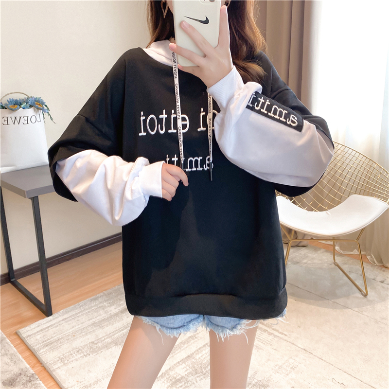 Actual shot of autumn Korean style loose hooded fake two-piece embroidered mid-length plus size women's thin sweatshirt for women