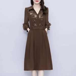 RM24583#时尚新款长袖连衣裙洋气减龄气质纯色遮肚中长款A字裙子