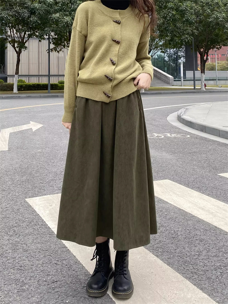 Soft Retro Corduroy Skirt Women's New Autumn and Winter High Waist Long Skirt Mid-Length A-Line Large Hem Umbrella Skirt